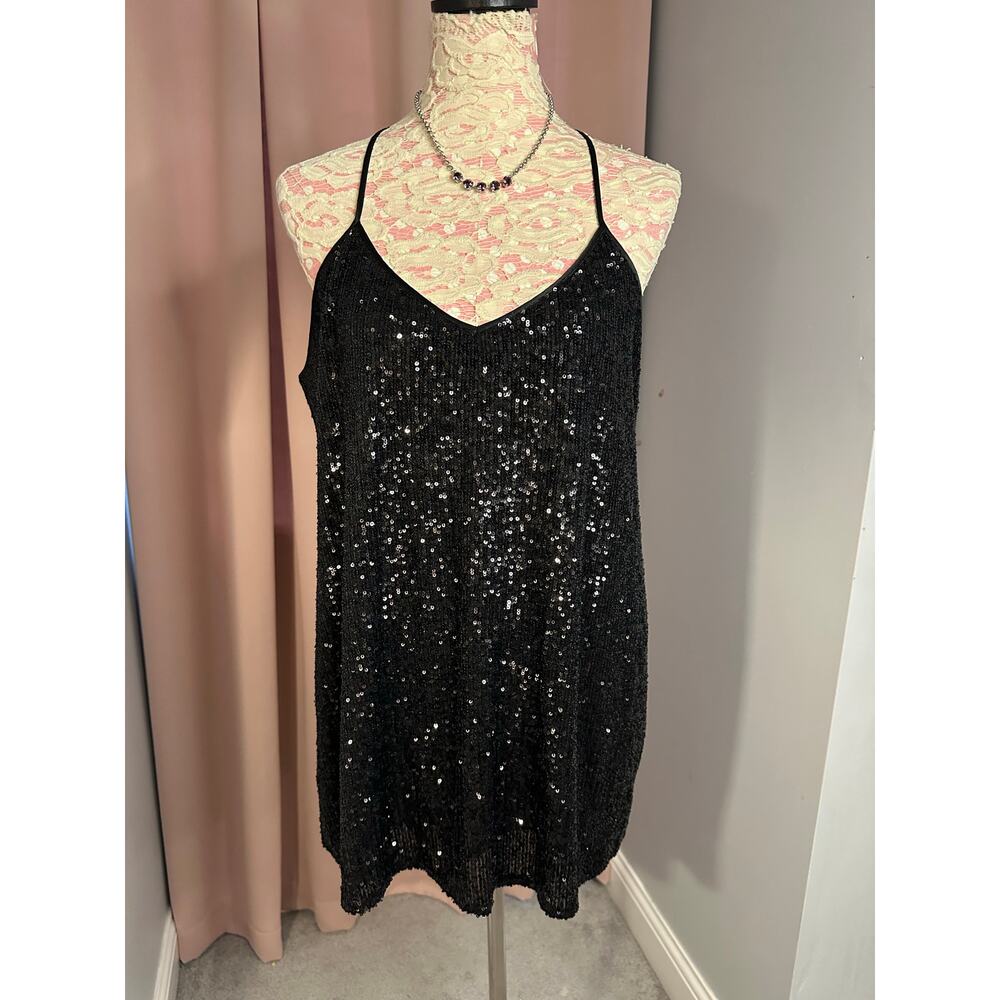 EUC Johnny Was Black Jade Fiona Sequin Cami Top Sz Large w/Necklace Silk Nylon